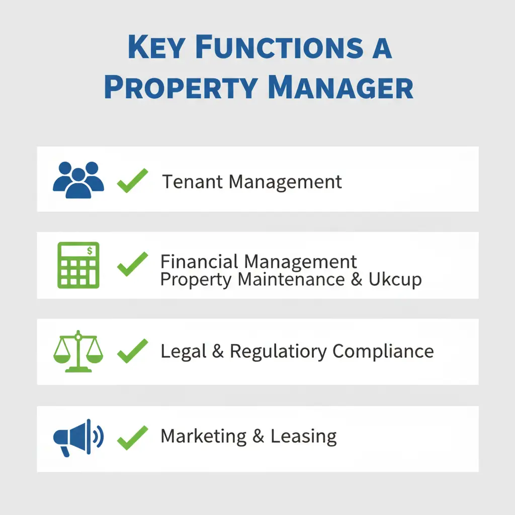 Checklist infographic showing five key functions of a property manager in Kenya.