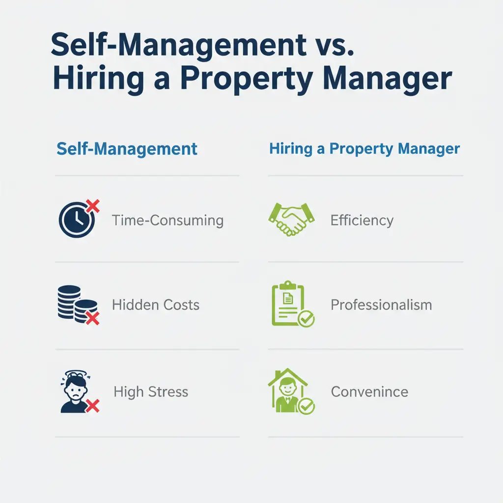 Comparison infographic table showing self-management vs. hiring a property manager in Kenya.